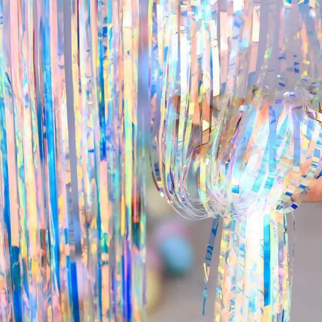 Alt view image 4 of 6 - Gorgeous Holographic Iridescent Fringe Curtain - 2 Pack of 8.3ft x 3.3ft Tinsel Streamer for Wedding Birthday Party Bridal/Baby Shower Christmas Photo Booth Backdrop Decoration
