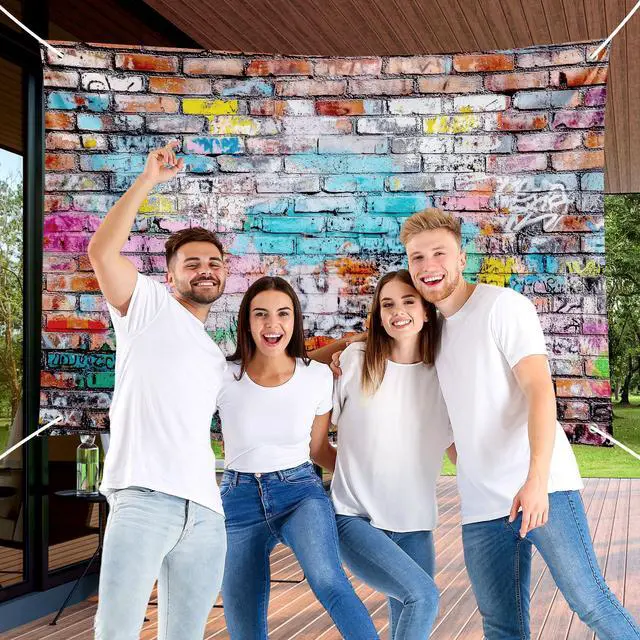 Alt view image 3 of 6 - Colorful Graffiti Brick Wall Backdrop Banner - Urban Street Art Photography Background for Studio, Music Videos, Portraits & Photo Booth 72x43 Inch