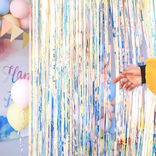 Alt view image 6 of 6 - Gorgeous Holographic Iridescent Fringe Curtain - 2 Pack of 8.3ft x 3.3ft Tinsel Streamer for Wedding Birthday Party Bridal/Baby Shower Christmas Photo Booth Backdrop Decoration