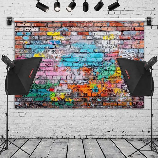 Alt view image 2 of 6 - Colorful Graffiti Brick Wall Backdrop Banner - Urban Street Art Photography Background for Studio, Music Videos, Portraits & Photo Booth 72x43 Inch