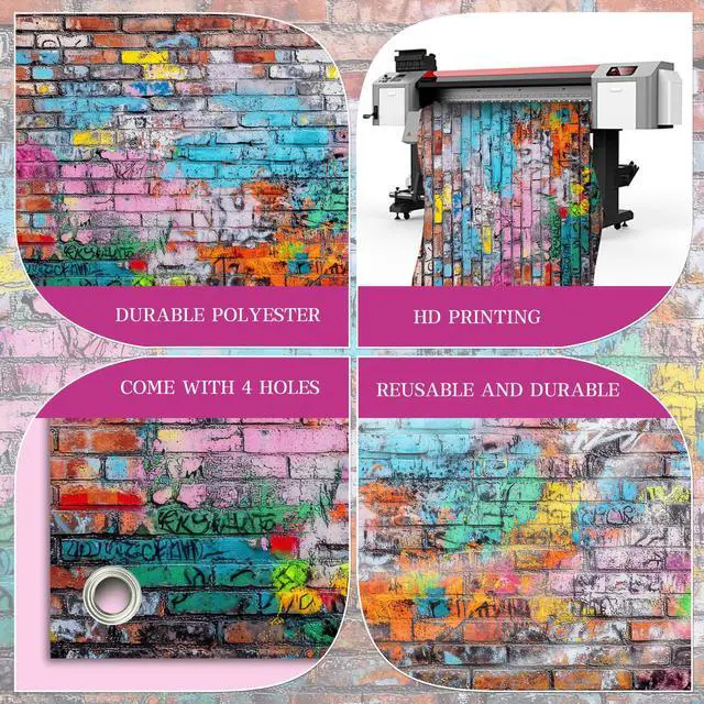 Alt view image 5 of 6 - Colorful Graffiti Brick Wall Backdrop Banner - Urban Street Art Photography Background for Studio, Music Videos, Portraits & Photo Booth 72x43 Inch