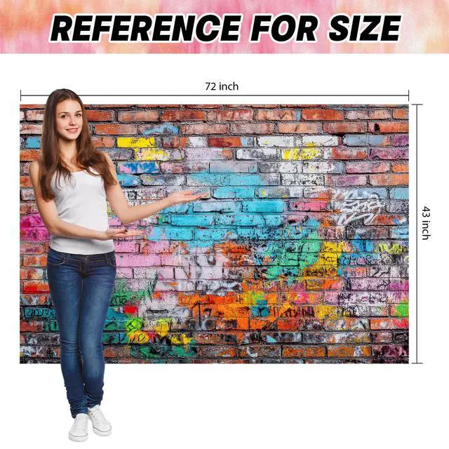 Alt view image 6 of 6 - Colorful Graffiti Brick Wall Backdrop Banner - Urban Street Art Photography Background for Studio, Music Videos, Portraits & Photo Booth 72x43 Inch