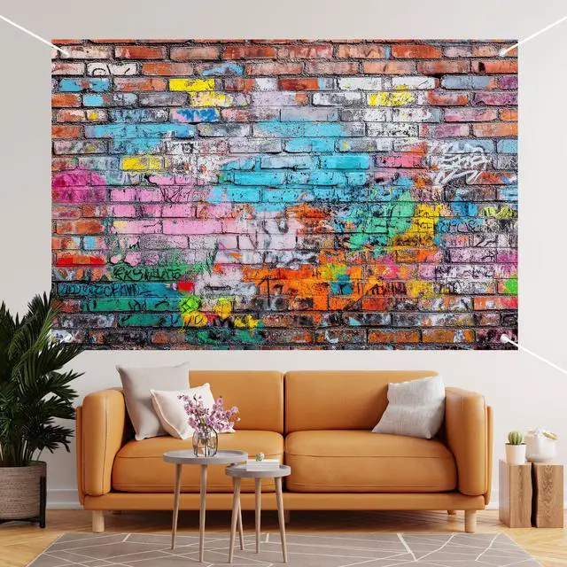 Alt view image 4 of 6 - Colorful Graffiti Brick Wall Backdrop Banner - Urban Street Art Photography Background for Studio, Music Videos, Portraits & Photo Booth 72x43 Inch