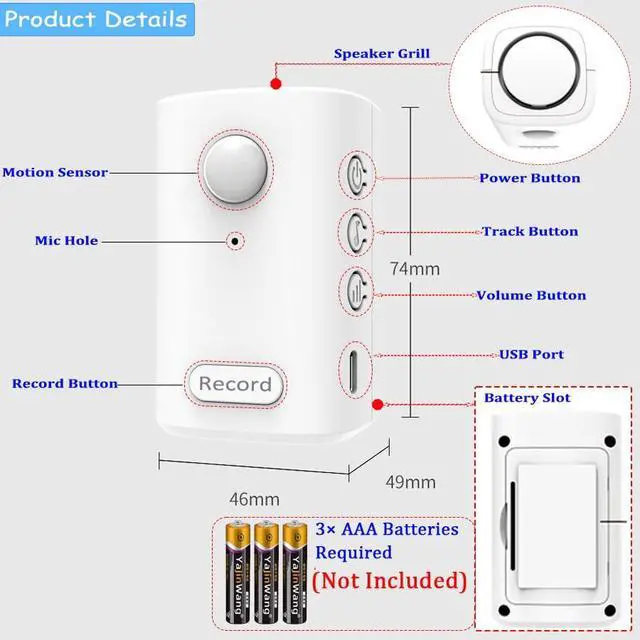 Alt view image 4 of 7 - 120-degree PIR Sensor recordable Motion Sensor Speaker, Talking Products Voice recordable, Motion Alarm Sensor Voice Recorder with USB Cable, One-Click Recording, Loop Playback