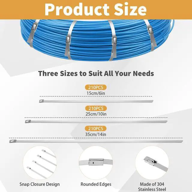Alt view image 2 of 6 - 630 Pcs Metal Zip Ties Multi Purpose Self Locking Cable Ties Heavy Duty 304 Stainless Steel Tensile for Farm Pipe Fence Roof Exhaust Machinery Outdoor (Multi Sizes)