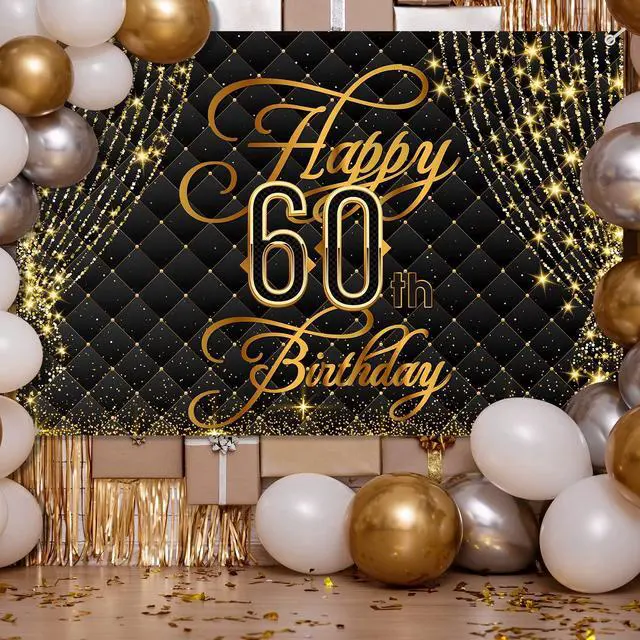 Main image of Happy 60th Birthday Banner Backdrop Royal Curtain Decorations Black Gold Background 60 Years Old Bday for Women Men Photography Party Decor Supplies