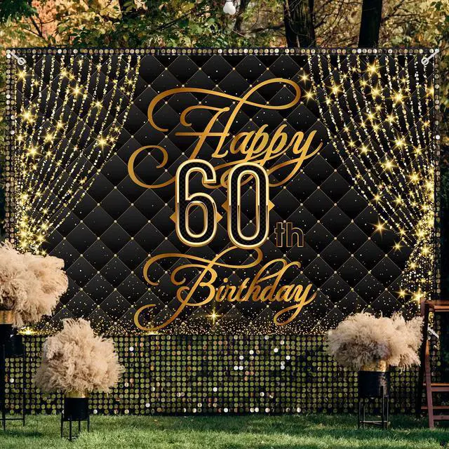 Alt view image 4 of 7 - Happy 60th Birthday Banner Backdrop Royal Curtain Decorations Black Gold Background 60 Years Old Bday for Women Men Photography Party Decor Supplies