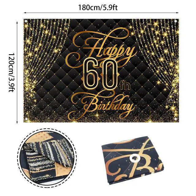 Alt view image 2 of 7 - Happy 60th Birthday Banner Backdrop Royal Curtain Decorations Black Gold Background 60 Years Old Bday for Women Men Photography Party Decor Supplies