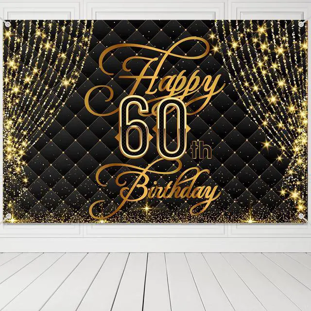 Alt view image 5 of 7 - Happy 60th Birthday Banner Backdrop Royal Curtain Decorations Black Gold Background 60 Years Old Bday for Women Men Photography Party Decor Supplies