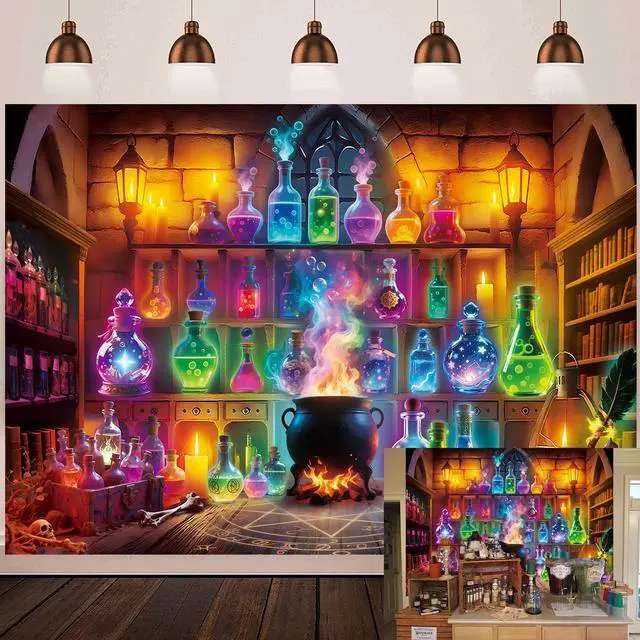 Main image of Halloween Chemistry Lab Backdrop Magic Potion Room Colorful Bottles Cauldron Spooky Witchy Scene Photography Background Halloween Magic School Laboratory Decoration Photo Booth Props 8x6FT