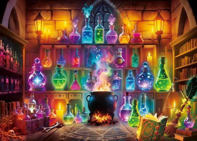 Alt view image 2 of 7 - Halloween Chemistry Lab Backdrop Magic Potion Room Colorful Bottles Cauldron Spooky Witchy Scene Photography Background Halloween Magic School Laboratory Decoration Photo Booth Props 8x6FT