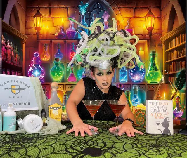 Alt view image 3 of 7 - Halloween Chemistry Lab Backdrop Magic Potion Room Colorful Bottles Cauldron Spooky Witchy Scene Photography Background Halloween Magic School Laboratory Decoration Photo Booth Props 8x6FT