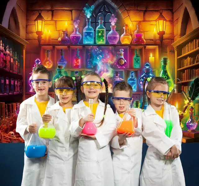 Alt view image 5 of 7 - Halloween Chemistry Lab Backdrop Magic Potion Room Colorful Bottles Cauldron Spooky Witchy Scene Photography Background Halloween Magic School Laboratory Decoration Photo Booth Props 8x6FT