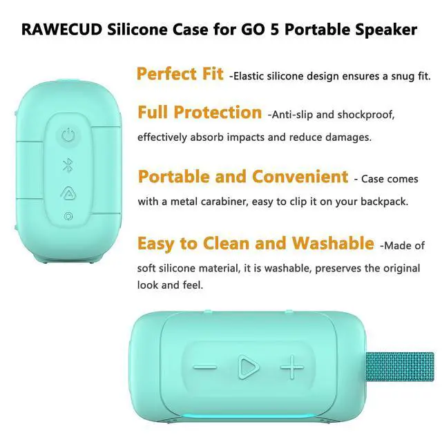 Alt view image 4 of 7 - Silicone Cover Case for JBL Go 5 Portable Bluetooth Speaker | Protective Case for Go 5 Speaker, Shockproof Drop-Protection Cover with Carabiner (Teal)