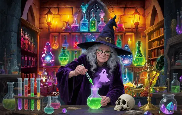 Alt view image 6 of 7 - Halloween Chemistry Lab Backdrop Magic Potion Room Colorful Bottles Cauldron Spooky Witchy Scene Photography Background Halloween Magic School Laboratory Decoration Photo Booth Props 8x6FT