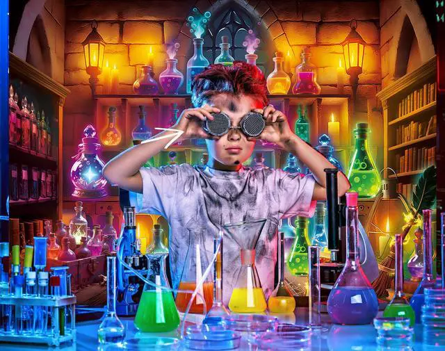 Alt view image 4 of 7 - Halloween Chemistry Lab Backdrop Magic Potion Room Colorful Bottles Cauldron Spooky Witchy Scene Photography Background Halloween Magic School Laboratory Decoration Photo Booth Props 8x6FT