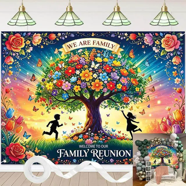 Main image of Family Reunion Backdrop Colorful Floral Tree Butterfly Background Welcome to Our Family Gathering Dinner Party Photoshoot Photo Booth Props 8x6FT