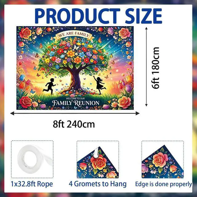 Alt view image 2 of 7 - Family Reunion Backdrop Colorful Floral Tree Butterfly Background Welcome to Our Family Gathering Dinner Party Photoshoot Photo Booth Props 8x6FT