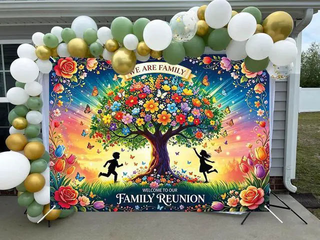 Alt view image 4 of 7 - Family Reunion Backdrop Colorful Floral Tree Butterfly Background Welcome to Our Family Gathering Dinner Party Photoshoot Photo Booth Props 8x6FT