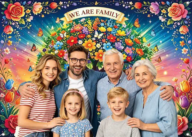 Alt view image 3 of 7 - Family Reunion Backdrop Colorful Floral Tree Butterfly Background Welcome to Our Family Gathering Dinner Party Photoshoot Photo Booth Props 8x6FT
