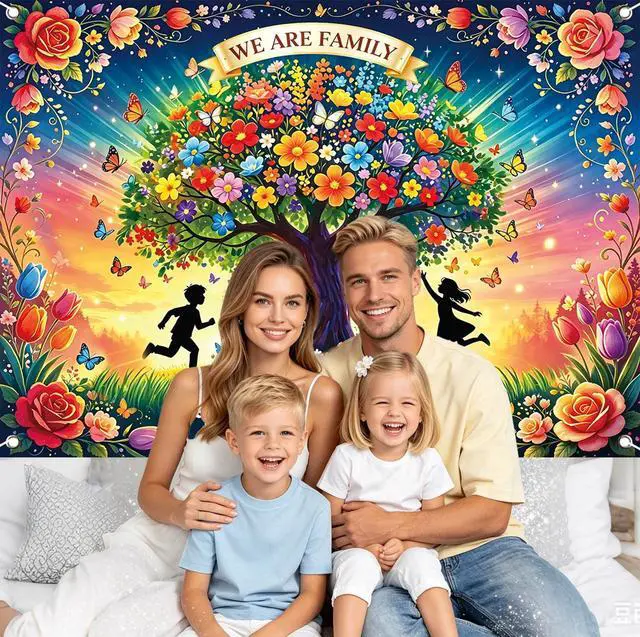 Alt view image 5 of 7 - Family Reunion Backdrop Colorful Floral Tree Butterfly Background Welcome to Our Family Gathering Dinner Party Photoshoot Photo Booth Props 8x6FT