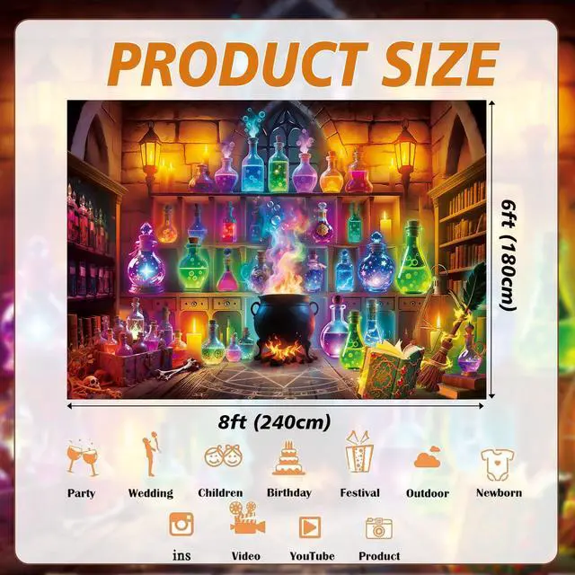 Alt view image 7 of 7 - Halloween Chemistry Lab Backdrop Magic Potion Room Colorful Bottles Cauldron Spooky Witchy Scene Photography Background Halloween Magic School Laboratory Decoration Photo Booth Props 8x6FT