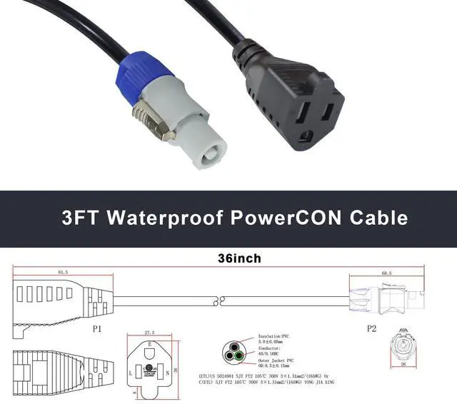Alt view image 3 of 7 - 3FT NEMA 5-15R to PowerCon Power Cable Cord,15A NAC3FCB Waterproof PowerCon Male Connector,3Prong Extension Cord for Stage Light/LED Screen (SJTW 16AWG)