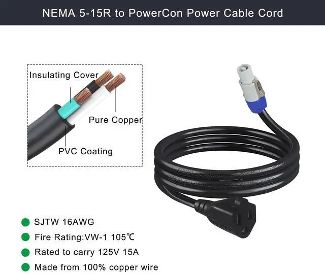 Alt view image 7 of 7 - 3FT NEMA 5-15R to PowerCon Power Cable Cord,15A NAC3FCB Waterproof PowerCon Male Connector,3Prong Extension Cord for Stage Light/LED Screen (SJTW 16AWG)