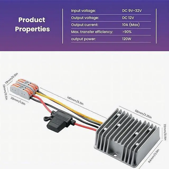 Alt view image 2 of 7 - 9-32V to 12V 10A 120W Waterproof DC-DC Buck Converter | Step Down Module for Automotive, LED Lights, Construction Sites, Tools