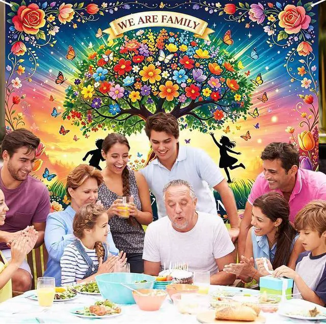 Alt view image 6 of 7 - Family Reunion Backdrop Colorful Floral Tree Butterfly Background Welcome to Our Family Gathering Dinner Party Photoshoot Photo Booth Props 8x6FT