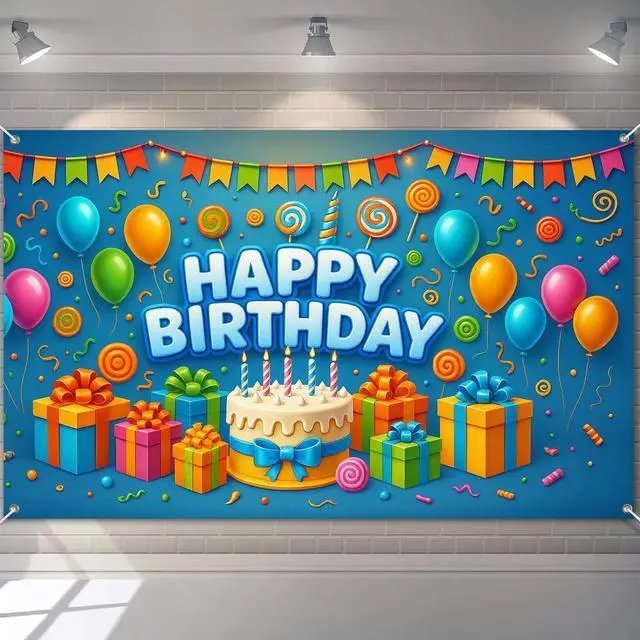 Main image of Happy Birthday Banner 71x43 Inch Gift Cake Blue Background Decoration for Boys Candy Theme Poster Backdrop Wall Scene Happy Birthday Banner Kids Party Display Setup Outdoor Supplies