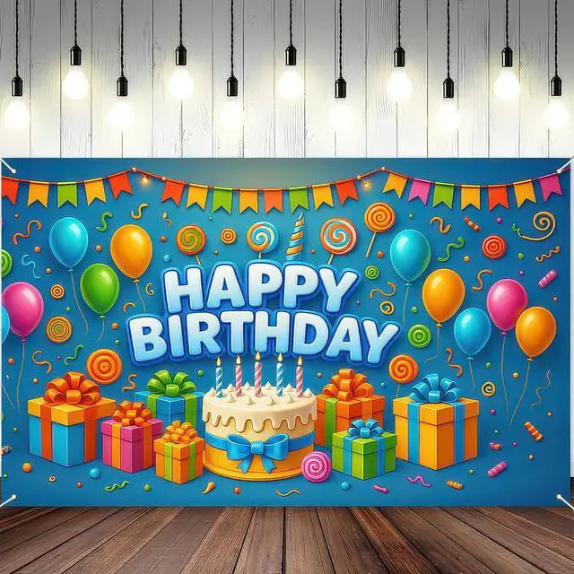 Alt view image 2 of 6 - Happy Birthday Banner 71x43 Inch Gift Cake Blue Background Decoration for Boys Candy Theme Poster Backdrop Wall Scene Happy Birthday Banner Kids Party Display Setup Outdoor Supplies