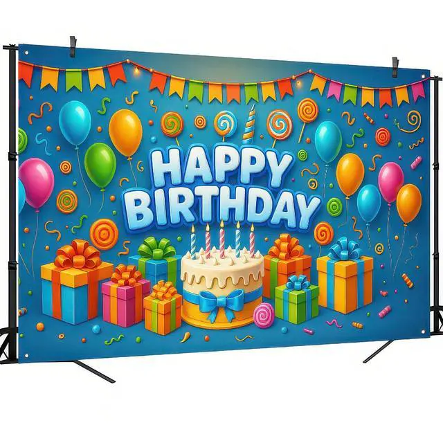 Alt view image 3 of 6 - Happy Birthday Banner 71x43 Inch Gift Cake Blue Background Decoration for Boys Candy Theme Poster Backdrop Wall Scene Happy Birthday Banner Kids Party Display Setup Outdoor Supplies