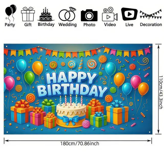 Alt view image 4 of 6 - Happy Birthday Banner 71x43 Inch Gift Cake Blue Background Decoration for Boys Candy Theme Poster Backdrop Wall Scene Happy Birthday Banner Kids Party Display Setup Outdoor Supplies