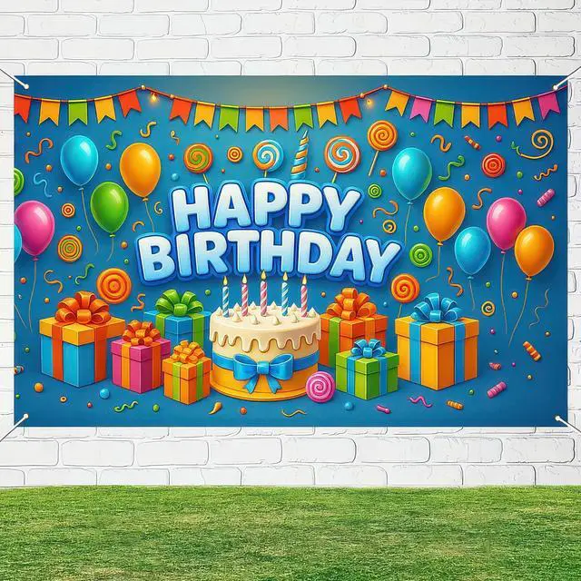 Alt view image 5 of 6 - Happy Birthday Banner 71x43 Inch Gift Cake Blue Background Decoration for Boys Candy Theme Poster Backdrop Wall Scene Happy Birthday Banner Kids Party Display Setup Outdoor Supplies