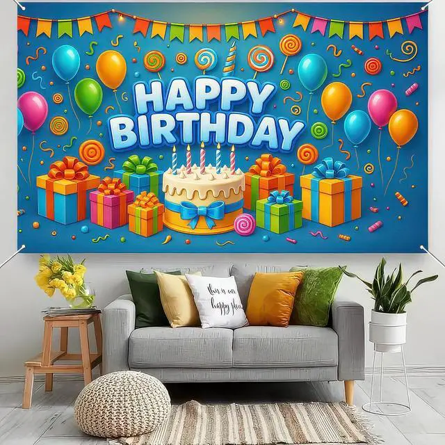 Alt view image 6 of 6 - Happy Birthday Banner 71x43 Inch Gift Cake Blue Background Decoration for Boys Candy Theme Poster Backdrop Wall Scene Happy Birthday Banner Kids Party Display Setup Outdoor Supplies