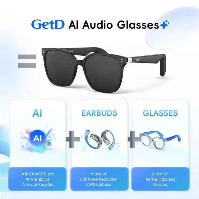 Alt view image 2 of 6 - AI Glasses for Men & Women - Smart Glasses with Real-Time Translation in 145 Languages, Powered by ChatGPT, Nylon Polarized Aviator Sunglasses, Bluetooth 5.4,11H Music/9H Calls, 2 Extra Temples