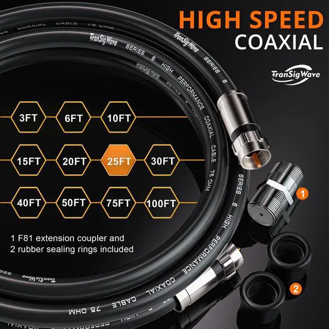 Alt view image 2 of 6 - TranSigWave 25FT RG6 Coaxial Cable Set - High-Speed Internet, Broadband and Digital TV Aerial, Satellite Sky Cable Extension- Weather-Sealed Double Rubber O-Ring and Compression Connectors Black
