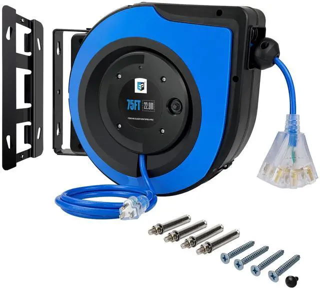 Main image of Retractable Extension Cord Reel,75 Feet 14 AWG/3C SJTOW Heavy Duty Power Cord,10 AMP Circuit Breaker, 3-Lighted Triple Outlets,Ceiling or Wall Mount Use Indoor, Blue