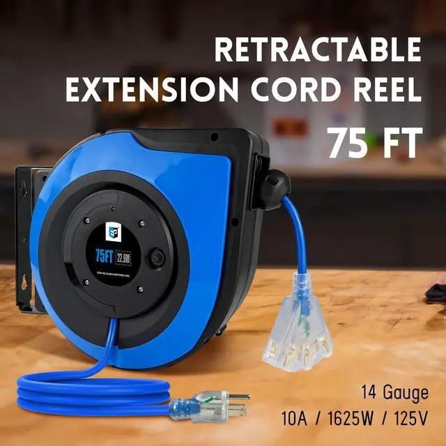 Alt view image 2 of 6 - Retractable Extension Cord Reel,75 Feet 14 AWG/3C SJTOW Heavy Duty Power Cord,10 AMP Circuit Breaker, 3-Lighted Triple Outlets,Ceiling or Wall Mount Use Indoor, Blue