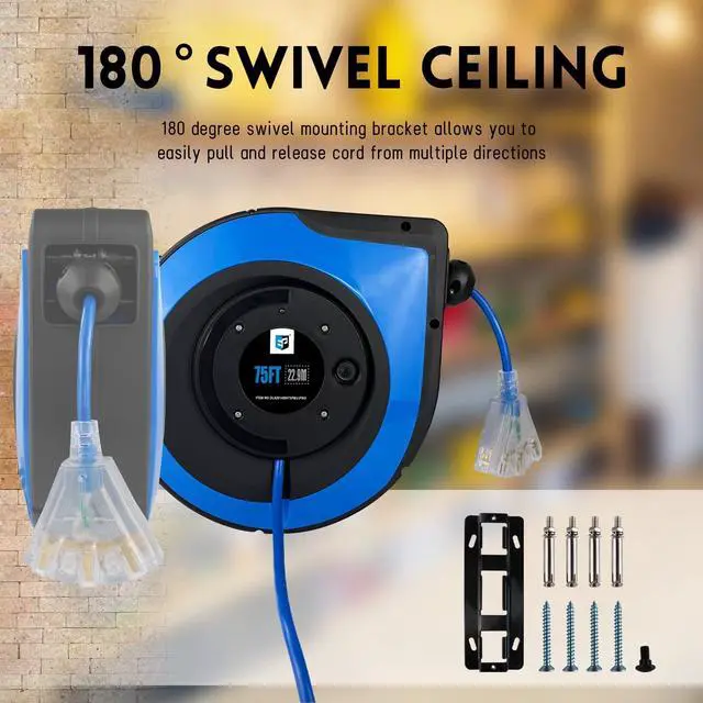 Alt view image 3 of 6 - Retractable Extension Cord Reel,75 Feet 14 AWG/3C SJTOW Heavy Duty Power Cord,10 AMP Circuit Breaker, 3-Lighted Triple Outlets,Ceiling or Wall Mount Use Indoor, Blue