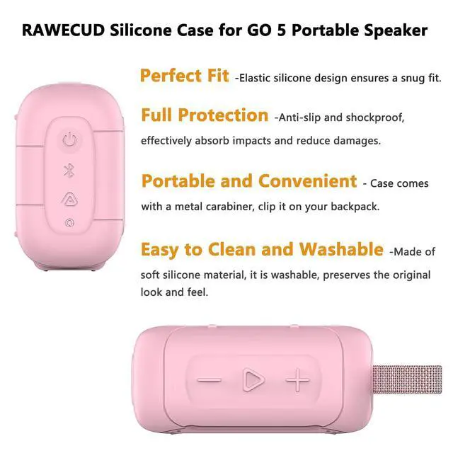 Alt view image 4 of 7 - Silicone Cover Case for JBL Go 5 Portable Bluetooth Speaker | Protective Case for Go 5 Speaker, Shockproof Drop-Protection Cover with Carabiner (Pink)
