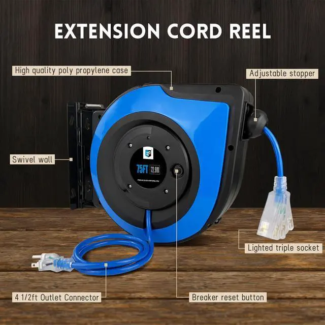 Alt view image 6 of 6 - Retractable Extension Cord Reel,75 Feet 14 AWG/3C SJTOW Heavy Duty Power Cord,10 AMP Circuit Breaker, 3-Lighted Triple Outlets,Ceiling or Wall Mount Use Indoor, Blue