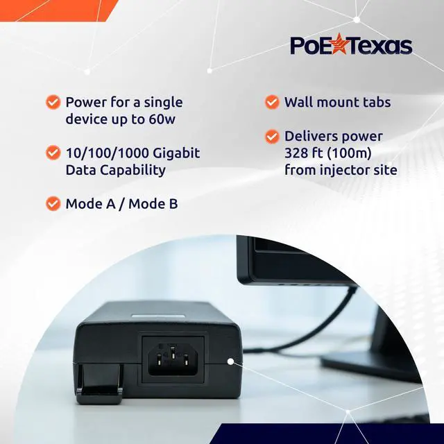 Alt view image 3 of 6 - Single-Port 802.3bt PoE++ Injector, 55V 60W, 6kV Surge | 802.3bt PoE++ Single Port 4 Pair Power Over Ethernet Injector - Active PoE Adapter 55V 60W Output - 10/100/1000 Gigabit Data