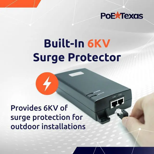 Alt view image 5 of 6 - Single-Port 802.3bt PoE++ Injector, 55V 60W, 6kV Surge | 802.3bt PoE++ Single Port 4 Pair Power Over Ethernet Injector - Active PoE Adapter 55V 60W Output - 10/100/1000 Gigabit Data