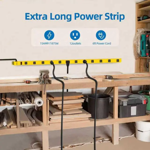 Alt view image 2 of 7 - Metal Power Strip, 12 Widely Space Outlets, Wall Mountable Power Strip Surge Protector, 6 FT Extension Cord,15A/1875W, ETL Listed