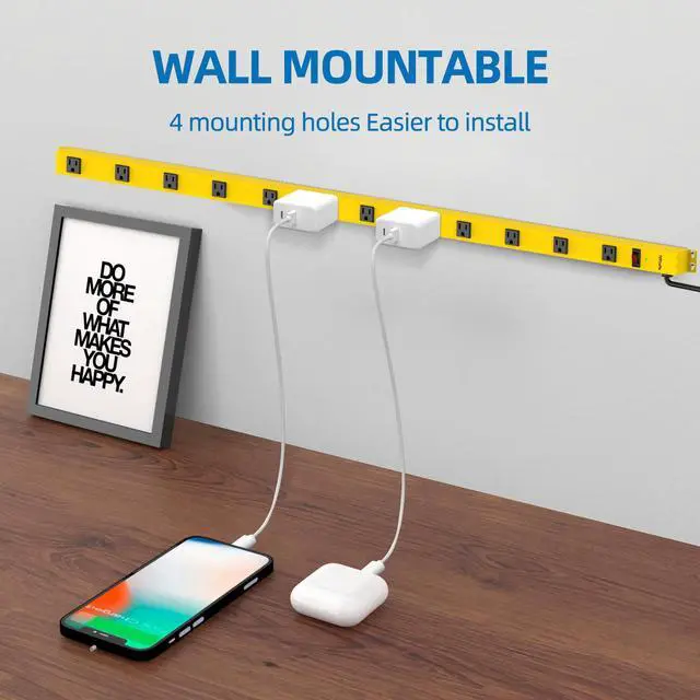 Alt view image 4 of 7 - Metal Power Strip, 12 Widely Space Outlets, Wall Mountable Power Strip Surge Protector, 6 FT Extension Cord,15A/1875W, ETL Listed