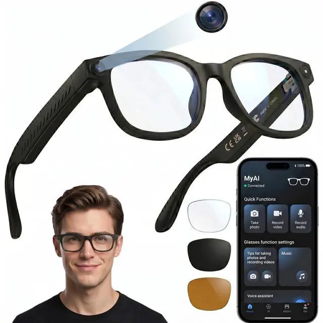 Main image of AI Smart Glasses with Voice Assistant & 1080P Camera, Bluetooth Audio & Real-Time Translator; with Anti-Shake Video, Magnetic Charging, Interchangeable Lens, Hands-Free Calling & Music