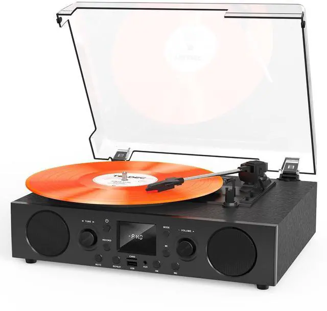 Main image of Black Bluetooth Record Player, 3-Speed Belt Drive Turntable | Classic black design with Bluetooth, FM radio, USB recording, 3-speed playback, auto stop, AUX and RCA output