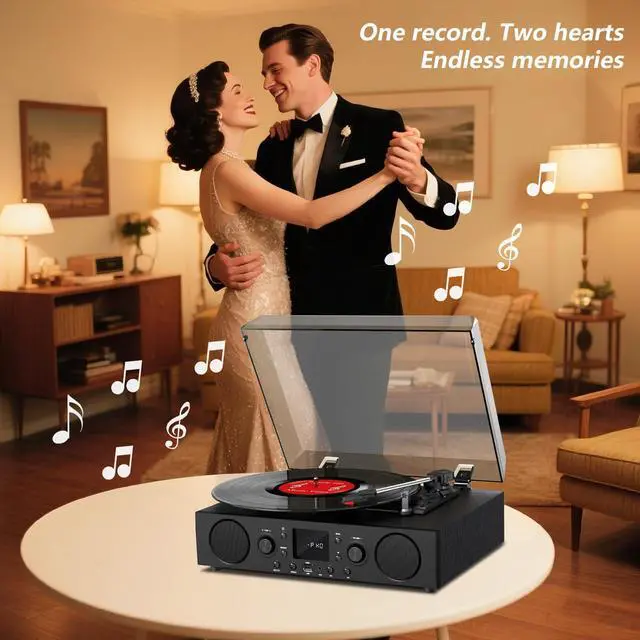 Alt view image 2 of 6 - Black Bluetooth Record Player, 3-Speed Belt Drive Turntable | Classic black design with Bluetooth, FM radio, USB recording, 3-speed playback, auto stop, AUX and RCA output
